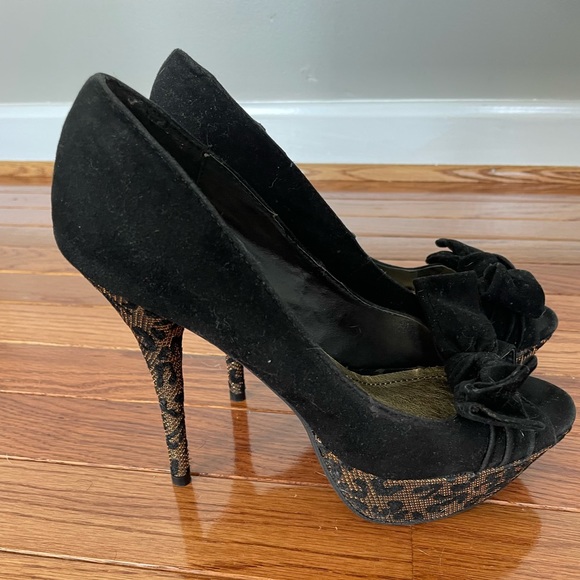 Black velvet and leopard print heels - Picture 2 of 7